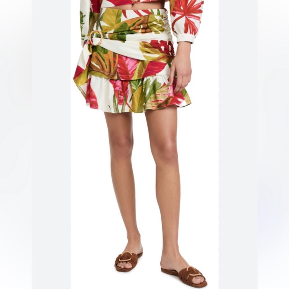 Farm Rio Spring Forest Green Red Tropical Leaf Print Mini Wrap Skirt Size S